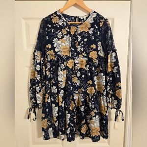 Tassels N Lace Floral Navy Blue Dress Tiered Size Small